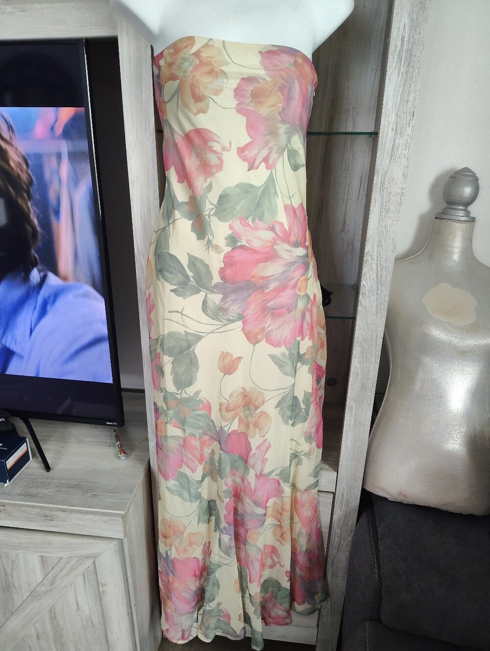 Peppermayo Strapless Floral Maxi Dress in Cream with Pink & Green